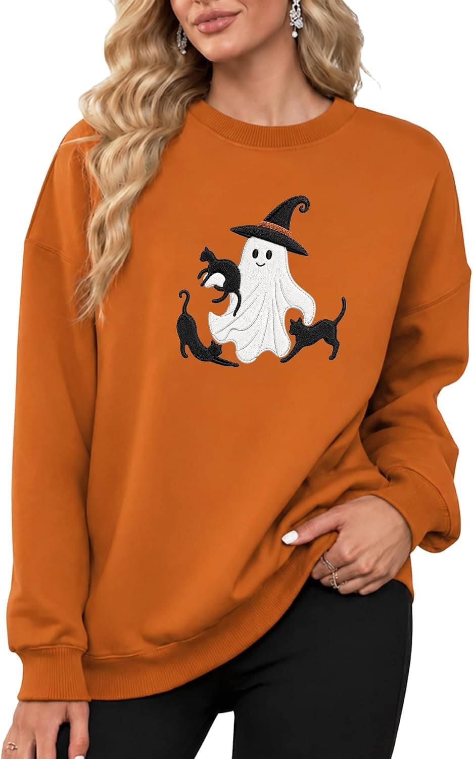 Halloween Sweatshirt for Women Featuring Cute Ghost Cat Embroidered Design, Comfortable Cotton Blend Fabric and Relaxed Crewneck Casual Fit — 2 of 5