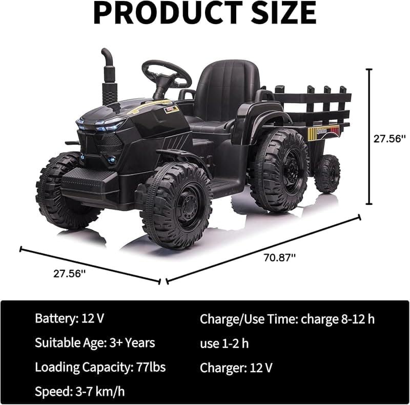 Kids Electric Ride On Tractor 12v Battery Powered 4 Wheels Ride On Car with Trailer 35W Dual Motors 3 Gear Shift LED Lights USB for Toddlers — 3 of 5