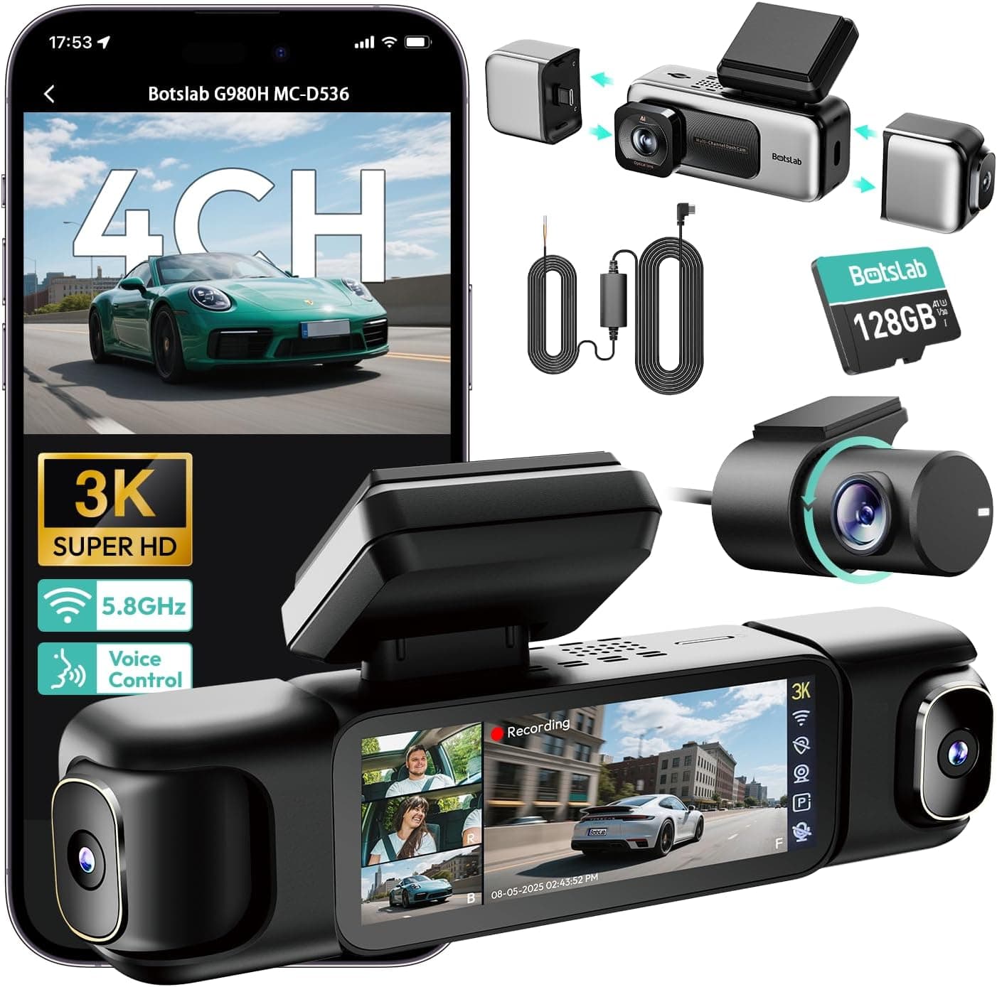 BOTSLAB 4 Channel 360° Dash Cam with Hardwire Kit, 128GB Storage Card, Voice Control Operation and Complete Front Cabin Rear Road Coverage — 1 of 5
