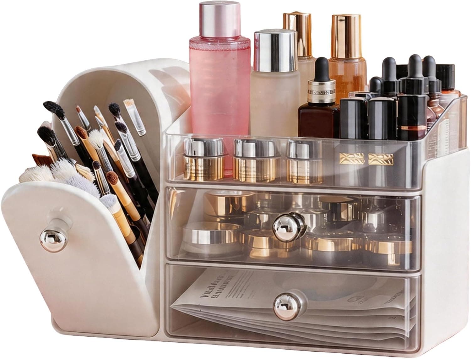 Luckywang White Makeup Organizer with Integrated Makeup Brush Holder and Two Spacious Storage Drawers for Cosmetics and Vanity Organization — 1 of 5