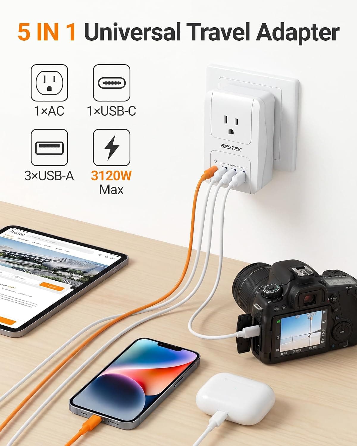 PD 35W USB-C Travel Charger Featuring Three USB-A Ports Plus AC Outlet, Compact Portable Design and Fast Charging Support for All Devices — 4 of 5