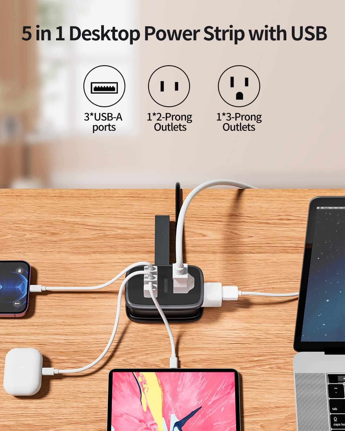 Travel Power Strip with 2 Outlets and 3 USB Ports Compact Surge Protector Portable Wall Charging Station for Cruise Ship and Hotel Room Essentials — 3 of 5