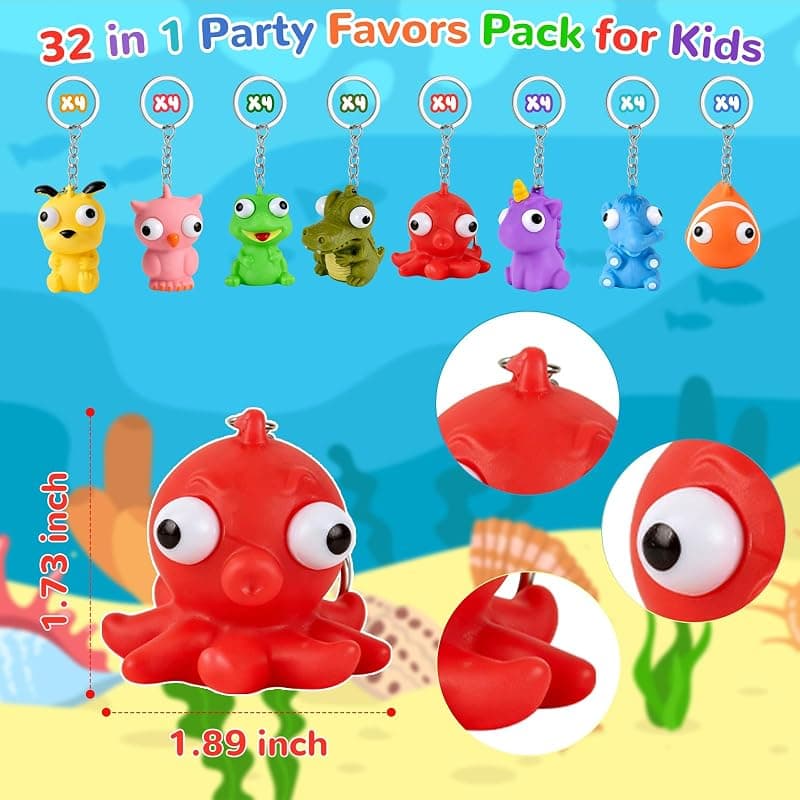 HOZUZER Squishy Keychain for Kids Party Favors with 32 Packs Popping Eyes Animal Keychains, Goodie Bag Stuffers, Pinata Fillers and Classroom Prizes — 2 of 5