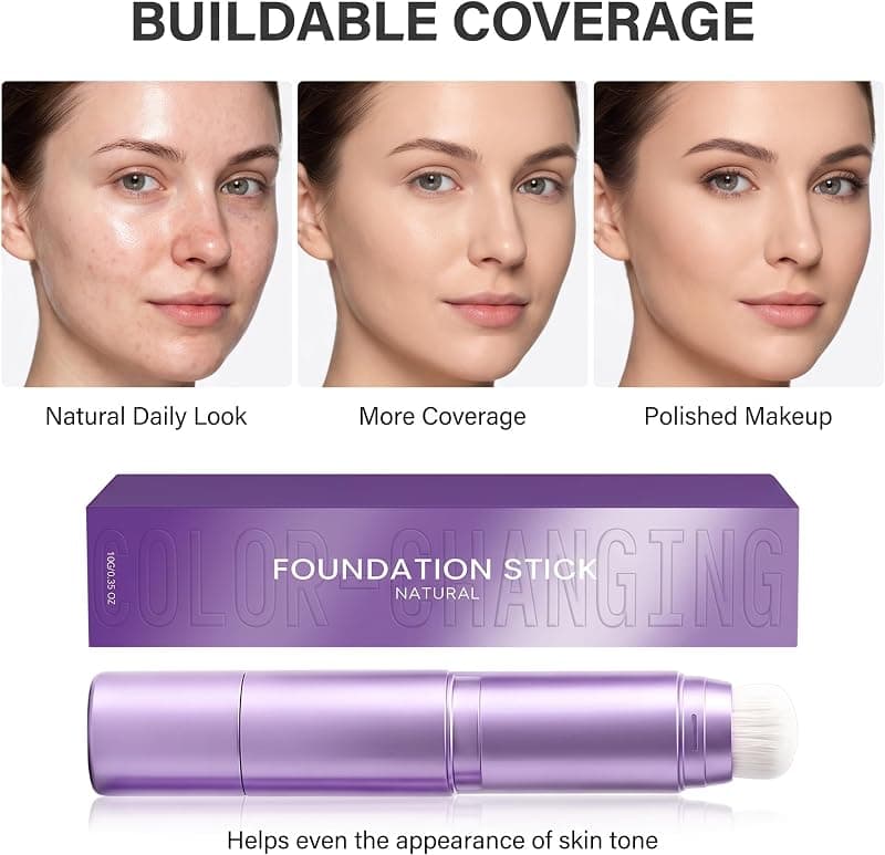 Foundation Stick with Brush 2-in-1 Color Changing Liquid Makeup Cream Concealer Full Coverage Lightweight Blendable Formula for Daily Natural Glow — 5 of 5