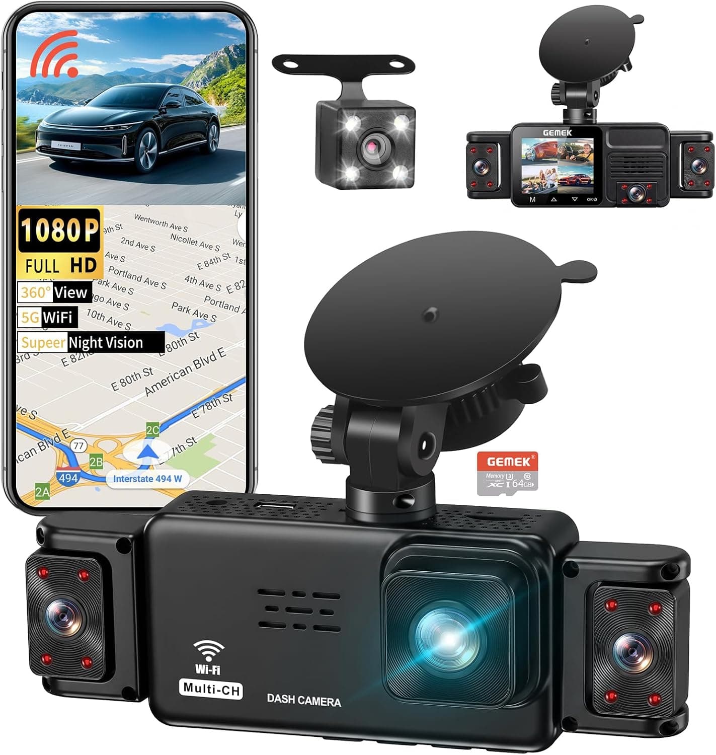 GEMEK 5 Channel Dash Cam 360° View with 5G WiFi, APP Control, Cabin Recording, Night Vision and Loop Recording for Ultimate Driving Security — 1 of 5