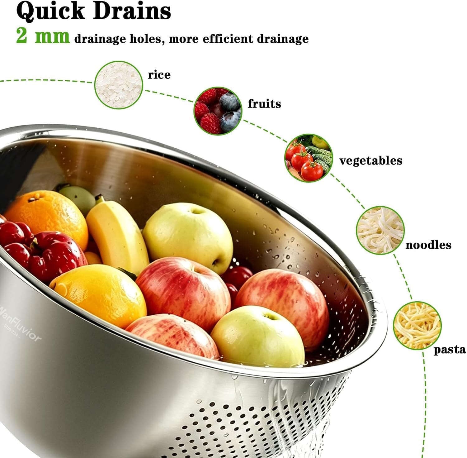 Rice Washer Strainer Bowl 4QT Stainless Steel Colander with Micro-Perforated Drainage Holes, Ergonomic Side Handle, and Rust-Resistant Design — 4 of 4