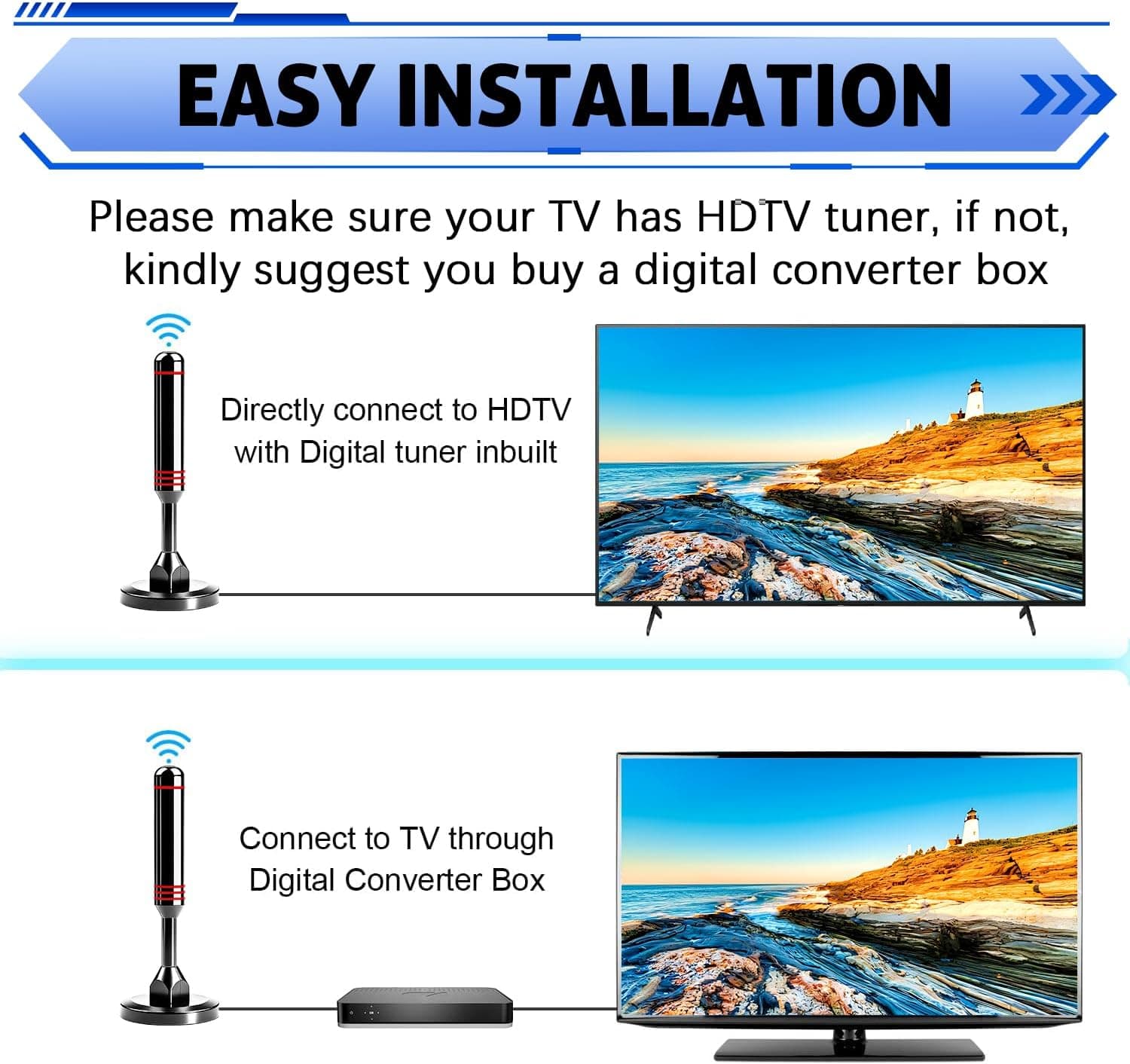 Digital Indoor TV Antenna for Smart TV with 360-Degree Long Range Reception, 4K 1080P HD Picture Quality and Premium Coaxial Cable Included — 4 of 5