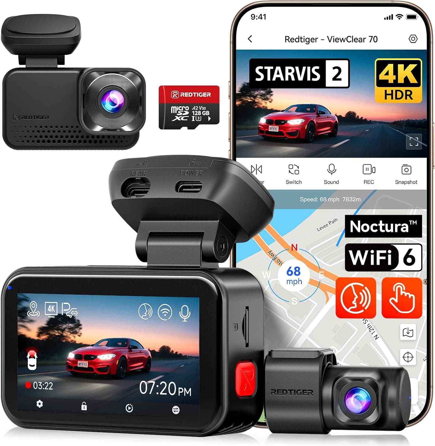 REDTIGER VC70 4K+2.5K Dash Cam featuring STARVIS 2 IMX678 Sensor, Dual HDR Support, and High-Speed 30MB/s WiFi Connectivity — 1 of 5