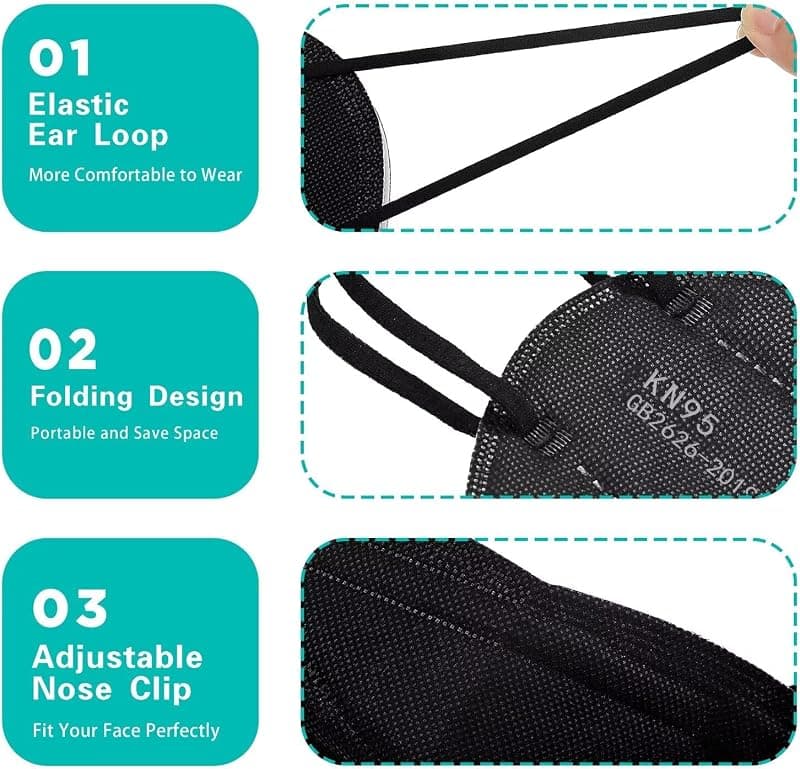 LEMENT 50pcs KN95 Face Mask Black 5-Layer Filter Greater Than 95% Cup Dust Safety Masks with Comfortable Fit and Breathable Protection Design — 5 of 5