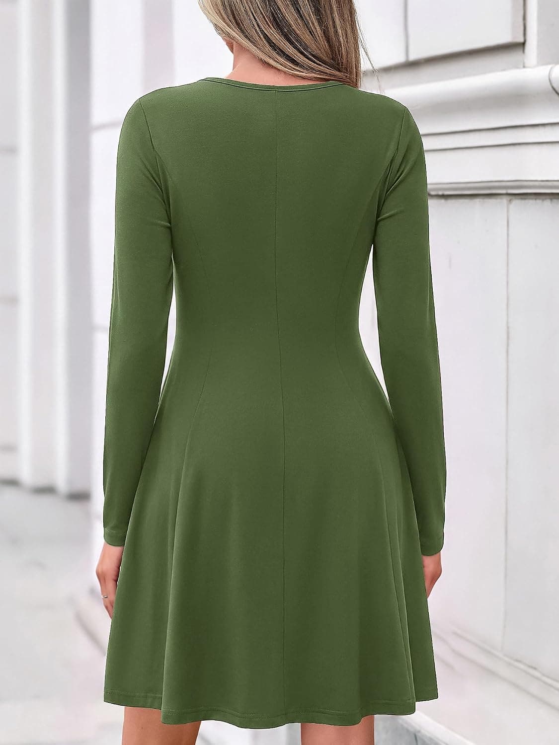 Women Long Sleeve Pleated A-Line Dress with Soft T-Shirt Knit Fabric, Flowy Swing Shape, Relaxed Loose Fit and Versatile Everyday Style — 4 of 5