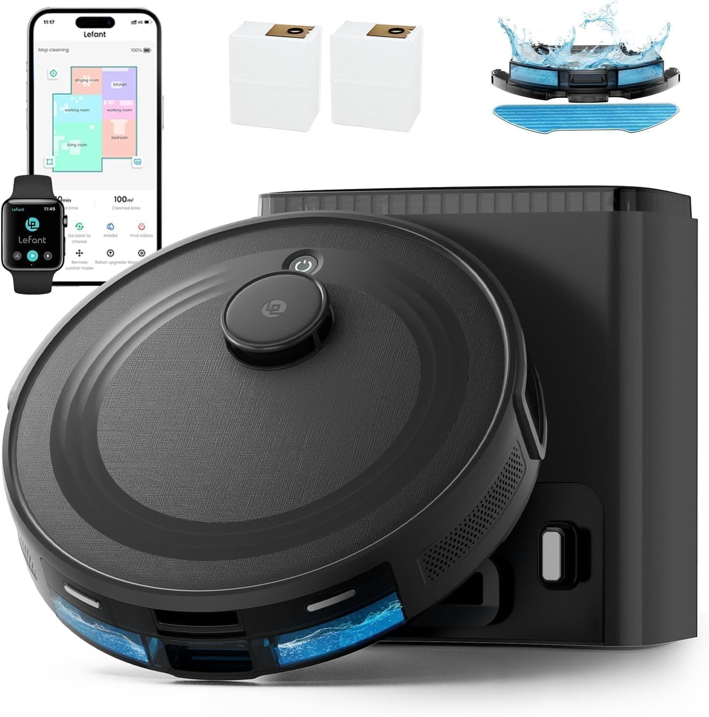 Lefant M2 Plus Black Robot Vacuum and Mop Combo with 75-Day Self-Emptying Base, 6000Pa Suction Power, Multi-Floor Mapping and 140-Minute Runtime — 1 of 5