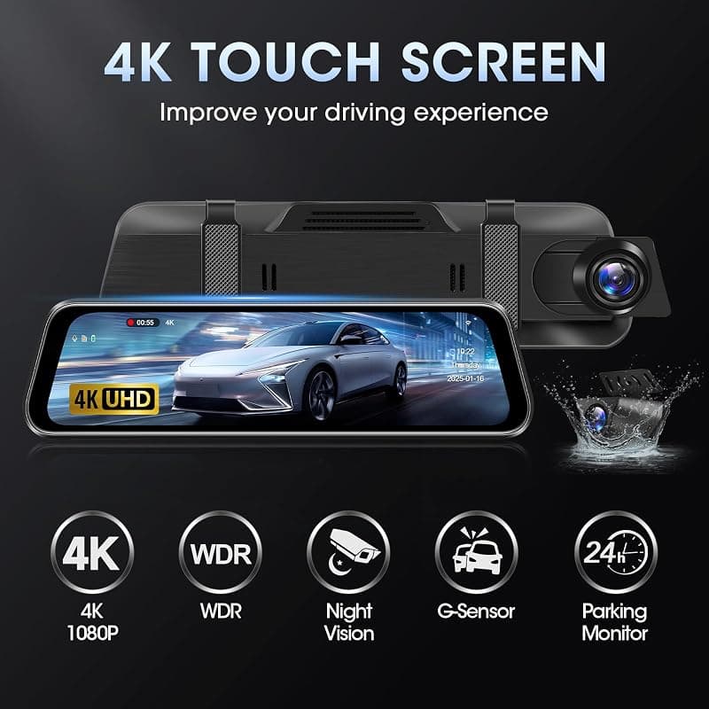 4K WiFi Rear View Mirror Camera 10 Inch Mirror Dash Cam Front and Rear with Ultra HD Recording, Night Vision and Loop Recording — 2 of 5