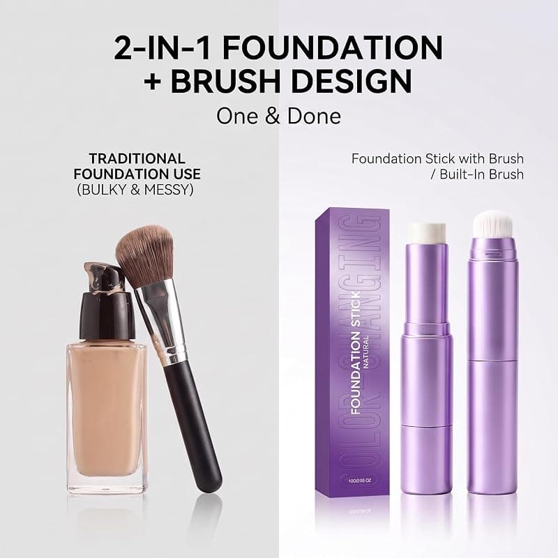 Foundation Stick with Brush 2-in-1 Color Changing Liquid Makeup Cream Concealer Full Coverage Lightweight Blendable Formula for Daily Natural Glow — 2 of 5