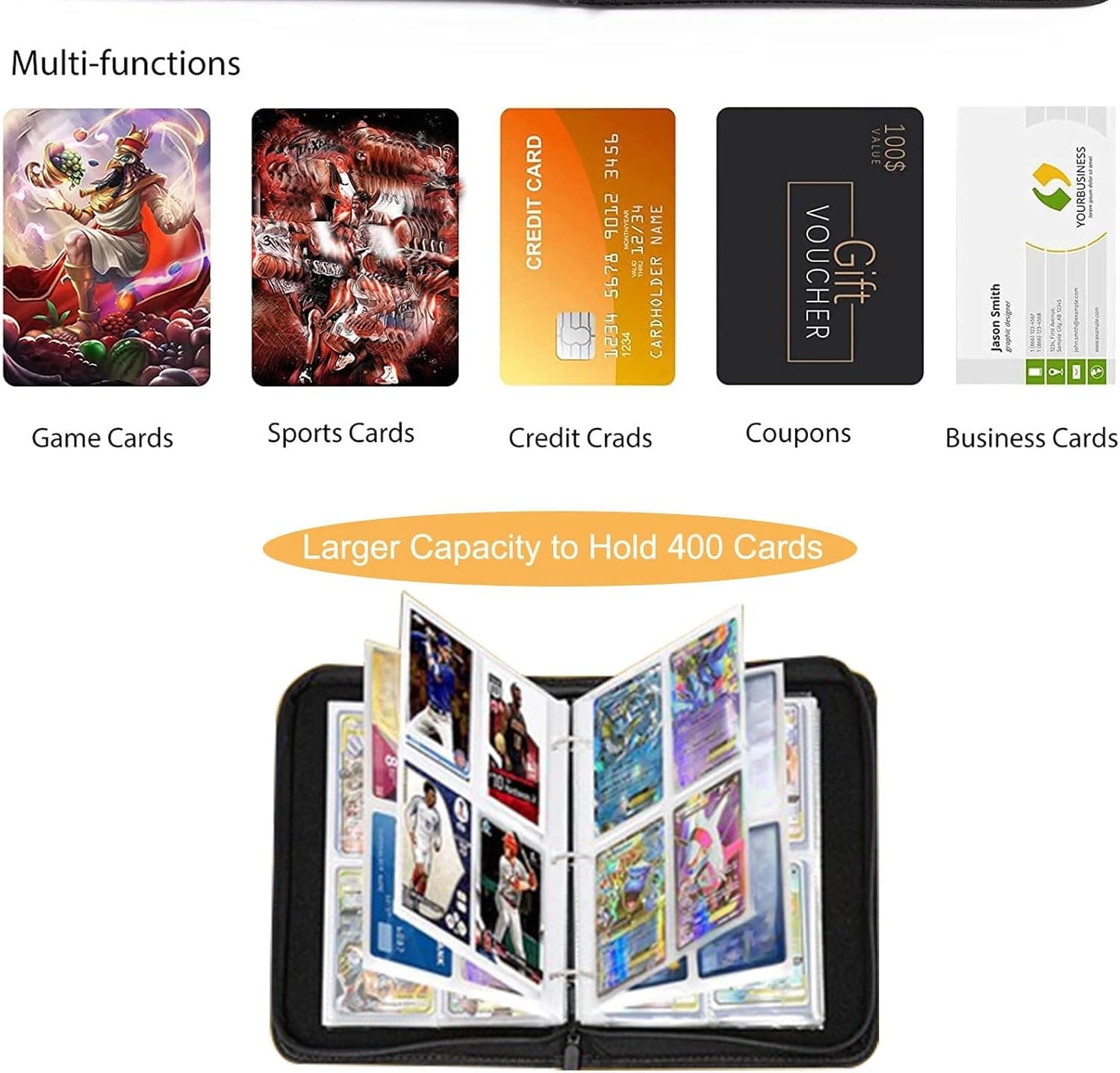 Trading Card Binder 4-Pocket with 400-Card Capacity, Durable PU Leather Cover, Side-Loading Sleeves and Protective Zipper Closure for Collectors — 5 of 5
