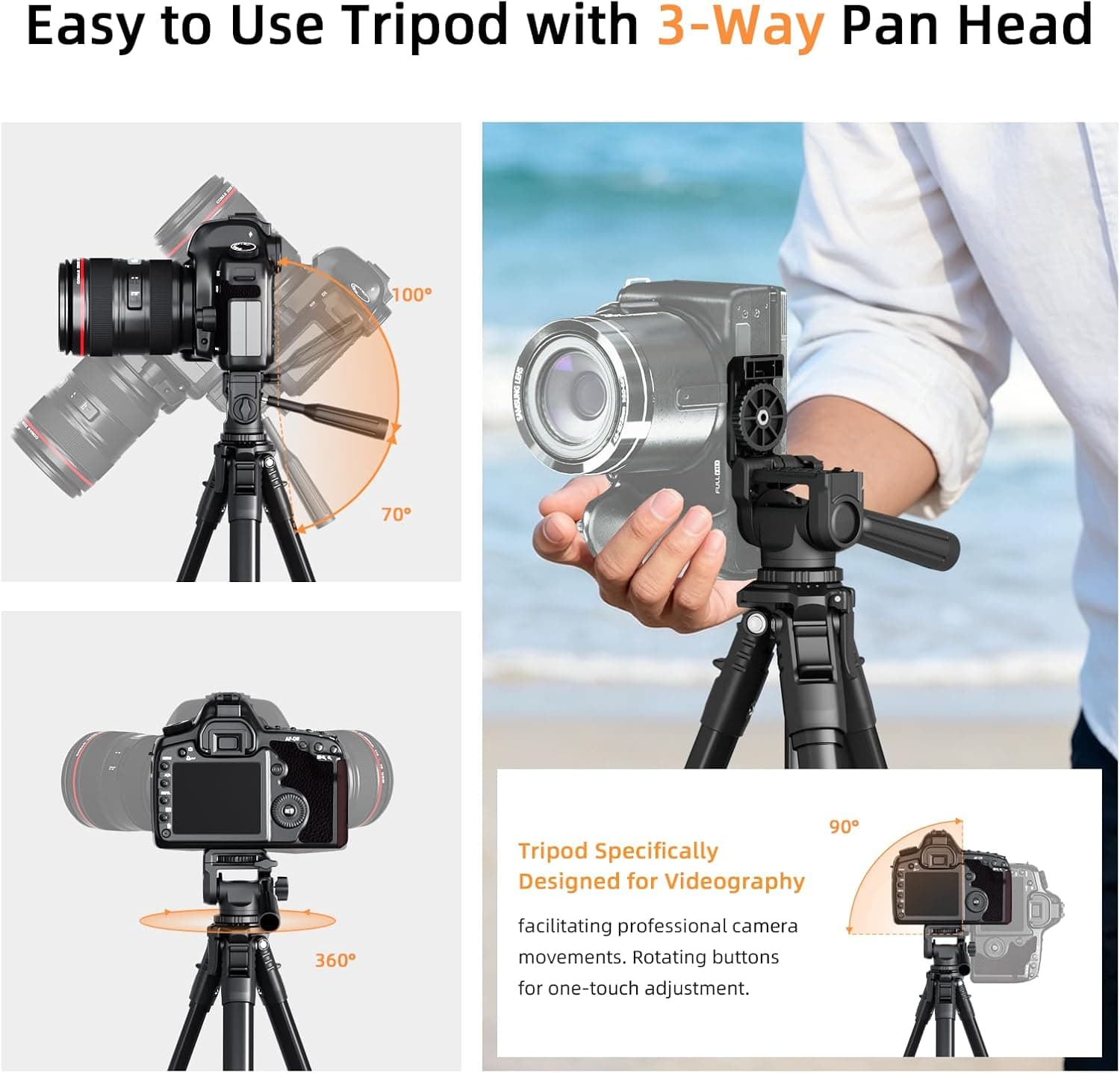 72-Inch Travel Aluminum Camera Tripod with Adjustable Height, Sturdy Stand Construction, Quick Release Plate, and Universal Mount Compatibility — 4 of 5