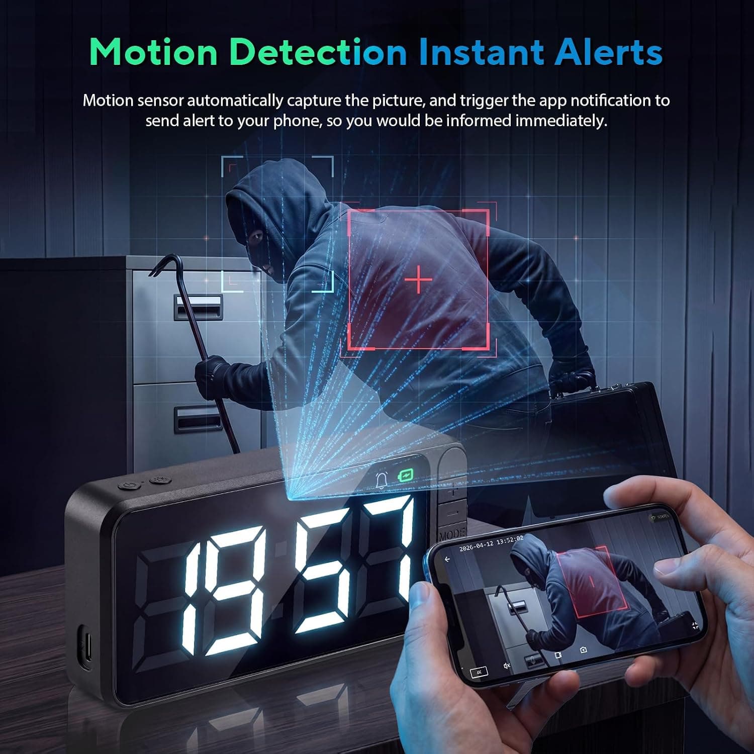 Hidden Camera Clock 4K WiFi Nanny Cam with Live Smartphone Streaming, Motion Detection Alerts, Night Vision and Loop Recording Features — 5 of 5