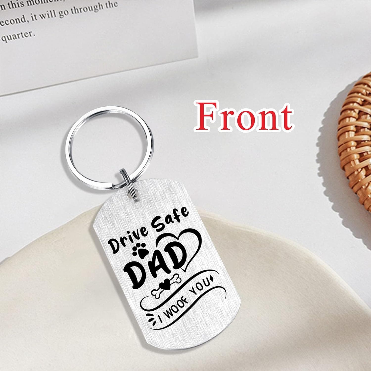 Dog Dad Stainless Steel Keychain with Engraved Drive Safe Message, Velvet Pouch, Scratch-Resistant Finish, and Compact Daily Carry Ring — 4 of 5