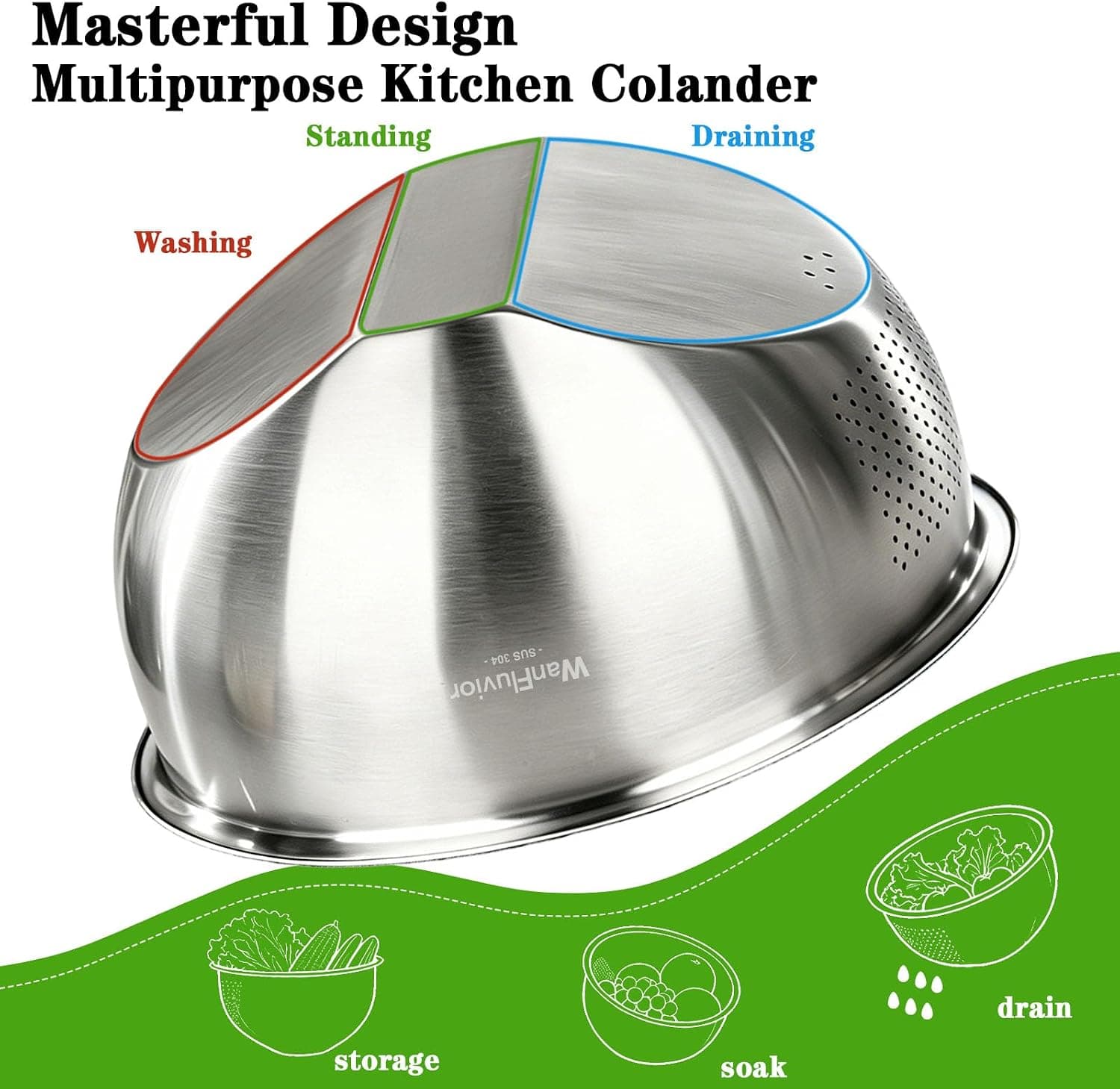 Rice Washer Strainer Bowl 4QT Stainless Steel Colander with Micro-Perforated Drainage Holes, Ergonomic Side Handle, and Rust-Resistant Design — 3 of 4