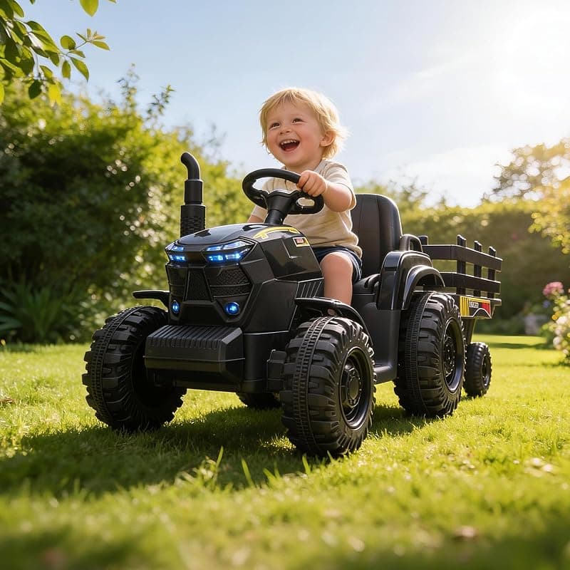 Kids Electric Ride On Tractor 12v Battery Powered 4 Wheels Ride On Car with Trailer 35W Dual Motors 3 Gear Shift LED Lights USB for Toddlers — 2 of 5