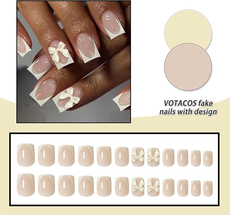 Milky Yellow French Tip Press on Nails Short Square Acrylic Fake Nails with Glue 24PCS Nude Cute 3D Cream Bow Design — 5 of 5