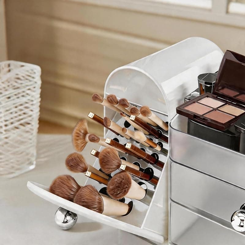 Luckywang White Makeup Organizer with Integrated Makeup Brush Holder and Two Spacious Storage Drawers for Cosmetics and Vanity Organization — 3 of 5