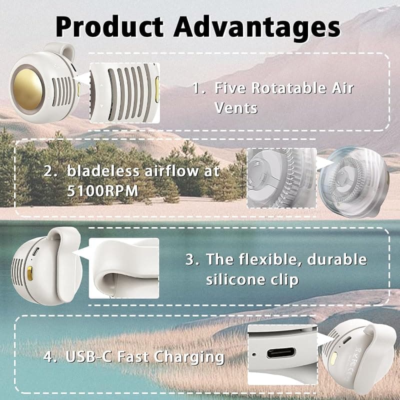 Ahuccf Portable Clip-On Fan Mini USB Rechargeable 360-Degree Rotatable Personal Fan with 3-Speed Silent Bladeless Airflow in White — 4 of 5