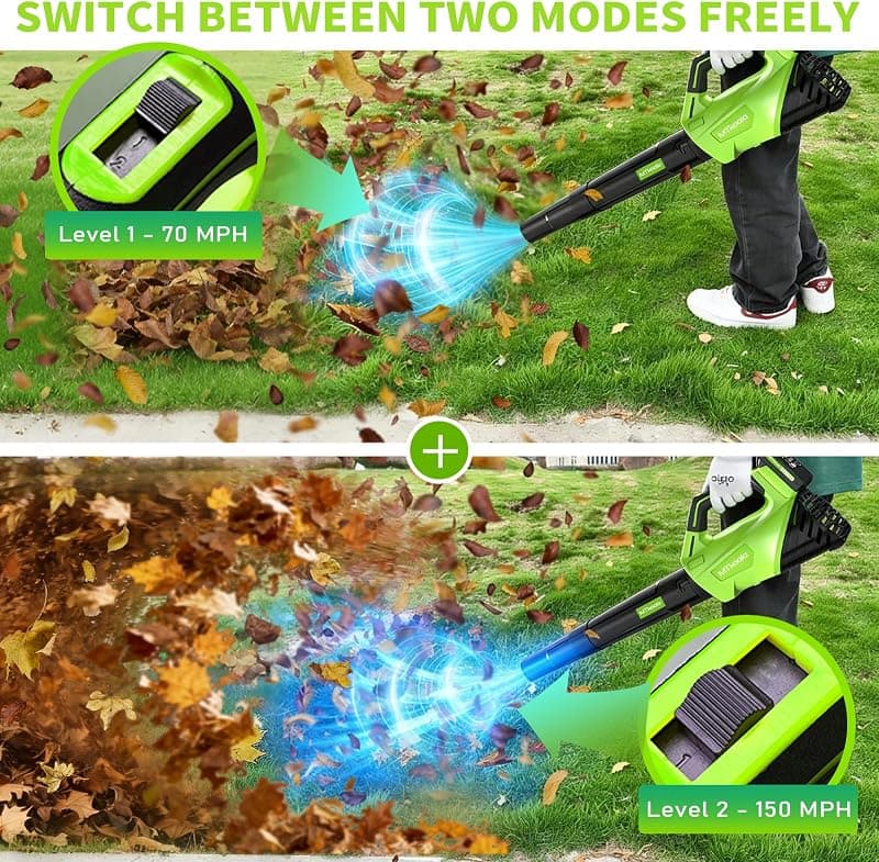 Leaf Blower Cordless with Two 2.6AH Batteries, Fast Charger, 450CFM and 150MPH Airflow, Two Speed Modes and Lightweight Electric Design for Yards — 4 of 5