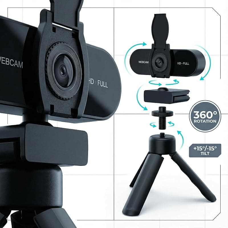 1080P HD Webcam with Built-In Microphone, Noise Cancellation, Privacy Cover, Wide-Angle Lens, Auto Light Correction and Plug & Play USB Setup — 3 of 5