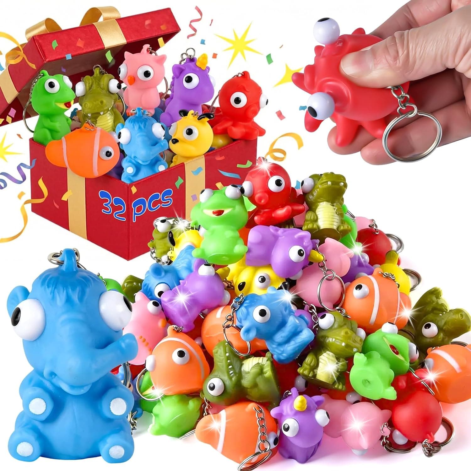 HOZUZER Squishy Keychain for Kids Party Favors with 32 Packs Popping Eyes Animal Keychains, Goodie Bag Stuffers, Pinata Fillers and Classroom Prizes — 1 of 5