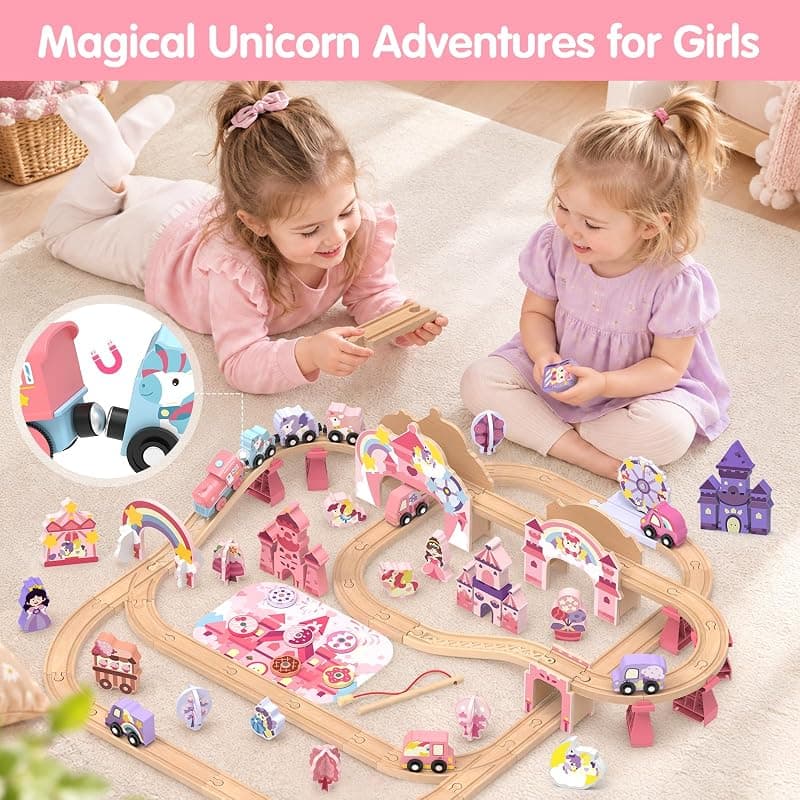 Electric Wooden Train Set Unicorn 105-Piece Deluxe Castle Playset for Kids Featuring Motorized Train Tracks and Magical Theme Design for Toddlers — 3 of 5