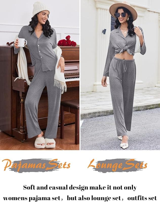 Ekouaer Pajamas for Women Set Button Up Pjs 2 Piece Long Sleeve Lounge Sets Featuring Soft Breathable Fabric Classic Notch Collar Pocket Detail — 5 of 5