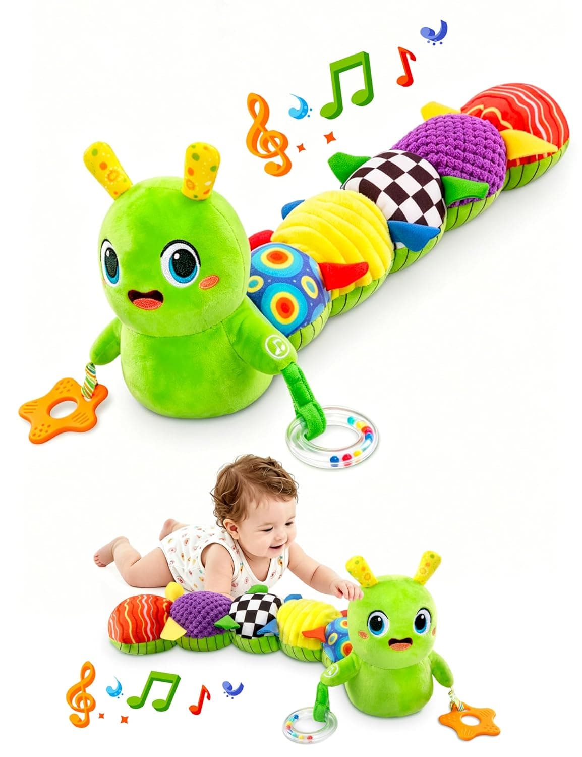 Baby Sensory Caterpillar Plush Activity Toy Featuring Multiple Textures, Crinkle Sounds, Vibrant Colors, and a Built-In Teether for Early Development — 2 of 5
