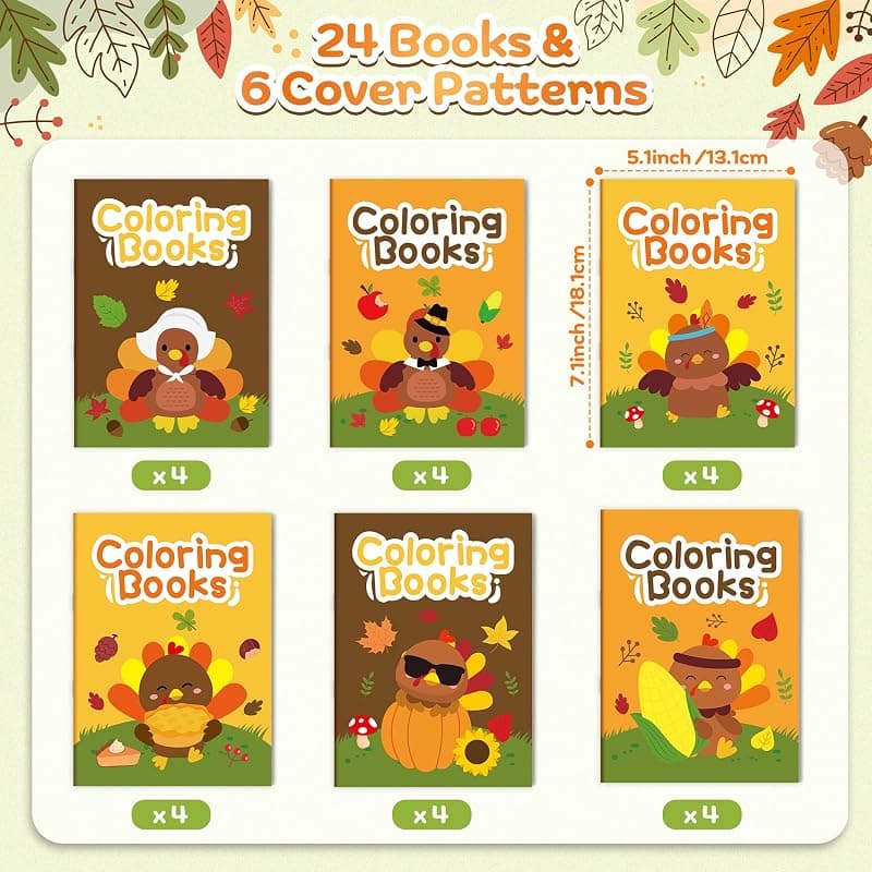 ANGOLIO 24 PCS Thanksgiving Turkey Coloring Books for Kids Bulk in 6 Fun Styles with Educational Activities and Creative Holiday Entertainment — 2 of 5