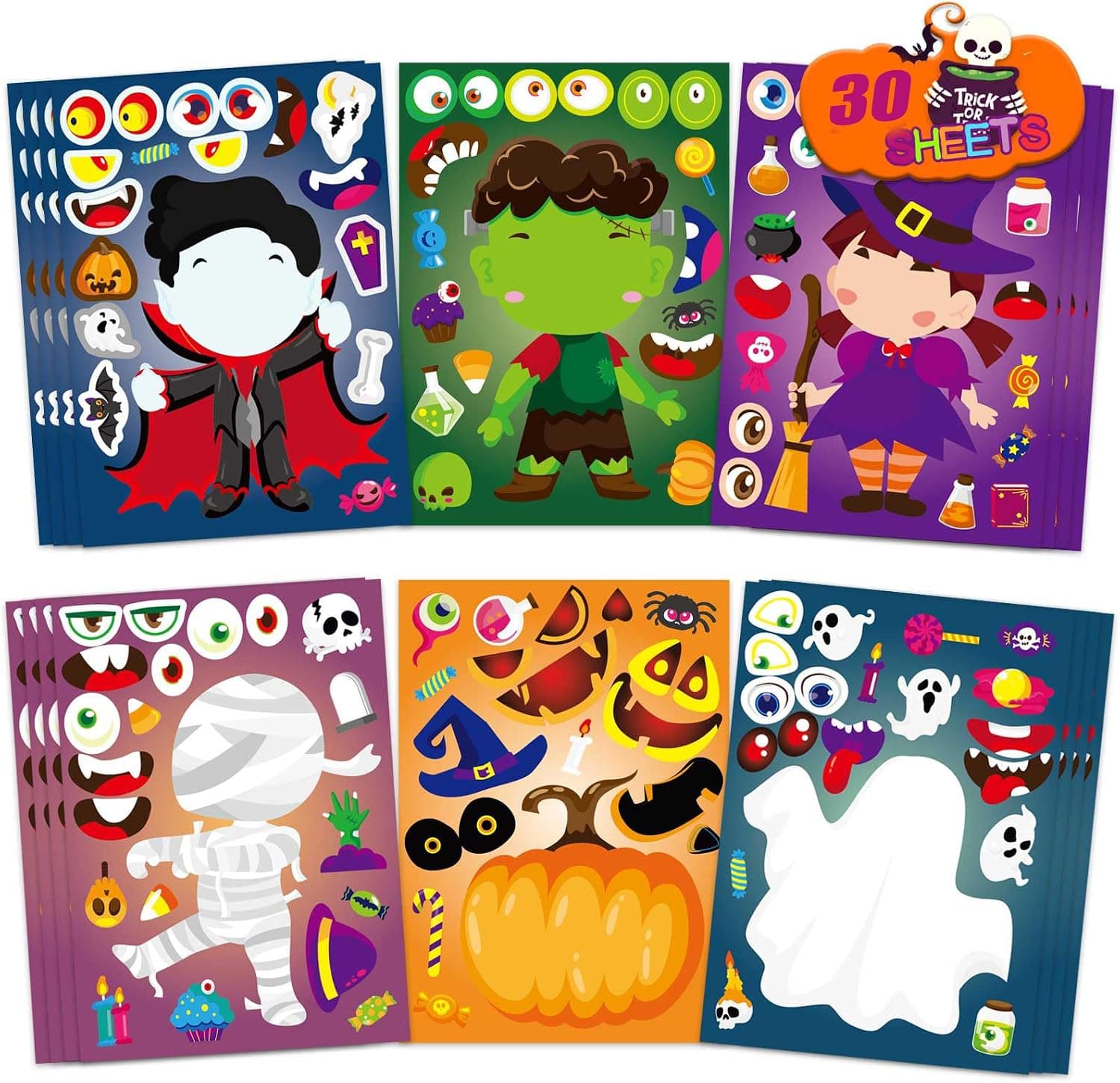 xutengy 30Pcs Halloween Stickers Party Favors for Kids Toddlers Make a Face Zombie Witch Vampire Self Adhesive DIY Classroom Treats Game Goody Bag