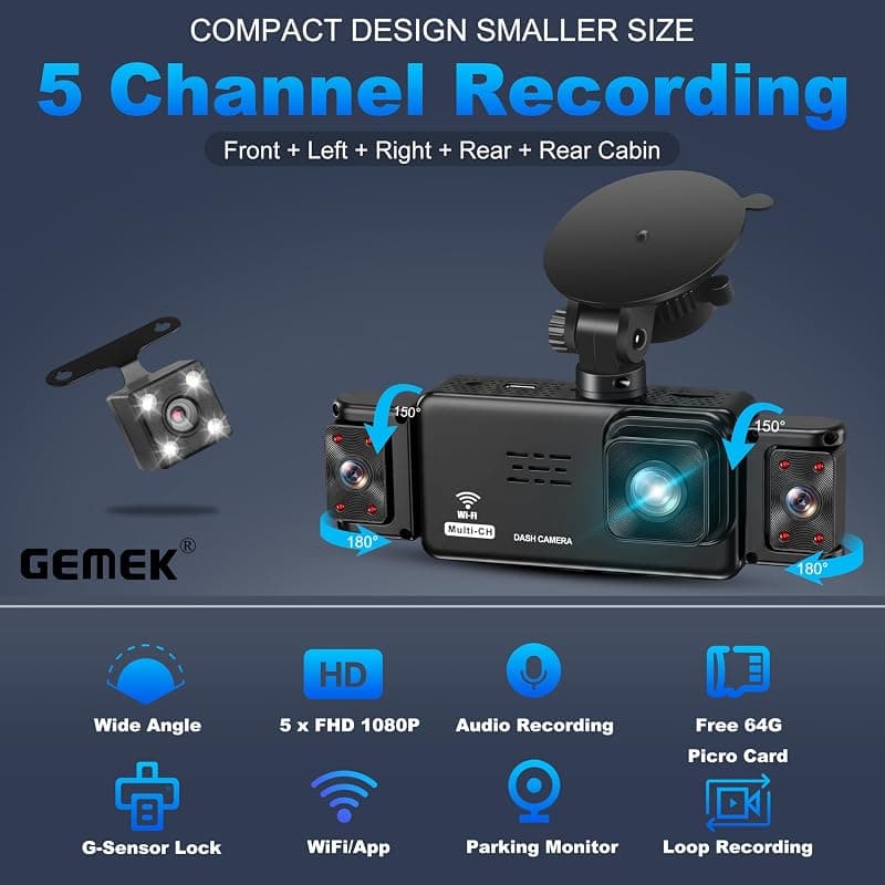 GEMEK 5 Channel Dash Cam 360° View with 5G WiFi, APP Control, Cabin Recording, Night Vision and Loop Recording for Ultimate Driving Security — 3 of 5
