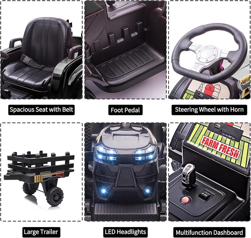 Kids Electric Ride On Tractor 12v Battery Powered 4 Wheels Ride On Car with Trailer 35W Dual Motors 3 Gear Shift LED Lights USB for Toddlers — 5 of 5