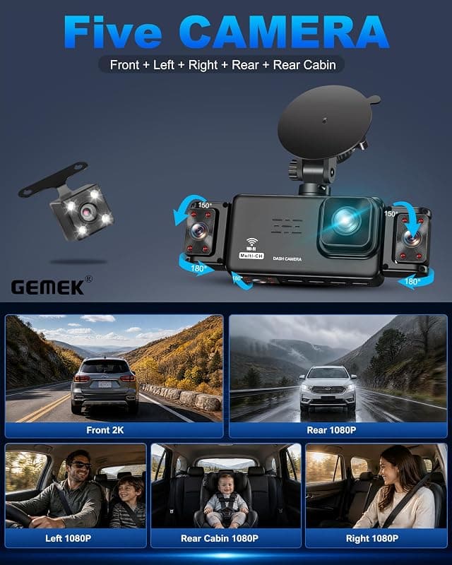 GEMEK 5 Channel Dash Cam 360° View with 5G WiFi, APP Control, Cabin Recording, Night Vision and Loop Recording for Ultimate Driving Security — 4 of 5