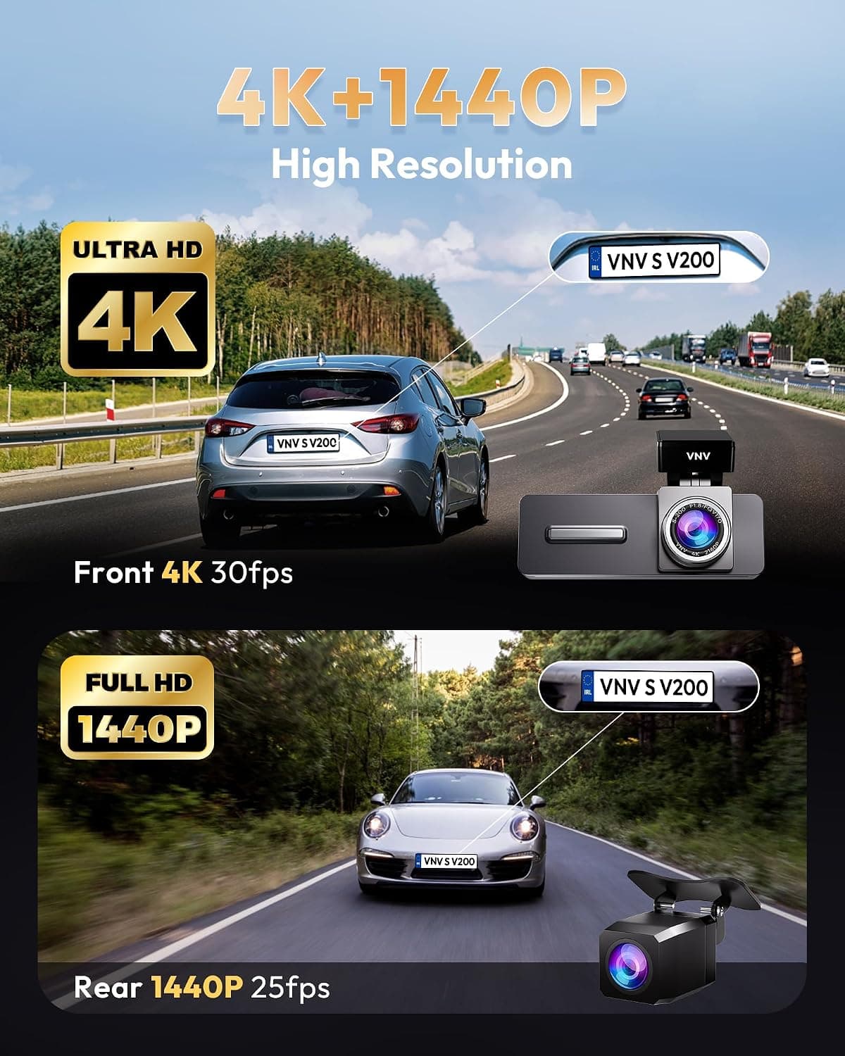 4K+2.5K Front and Rear Dash Cam with Dual Recording, Night Vision, Wide Angle Lens, G-Sensor, Loop Recording and Built-In Wi-Fi Connectivity — 3 of 5