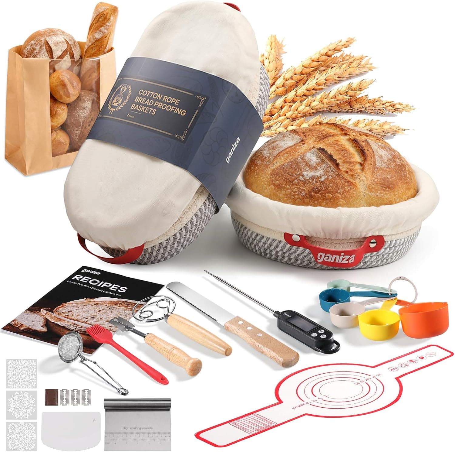 Sourdough Proofing Basket Set 22-Piece Complete Bread Baking Kit with Banneton Bowls Linen Liners Dough Scraper Lame Whisk and Professional — 2 of 5