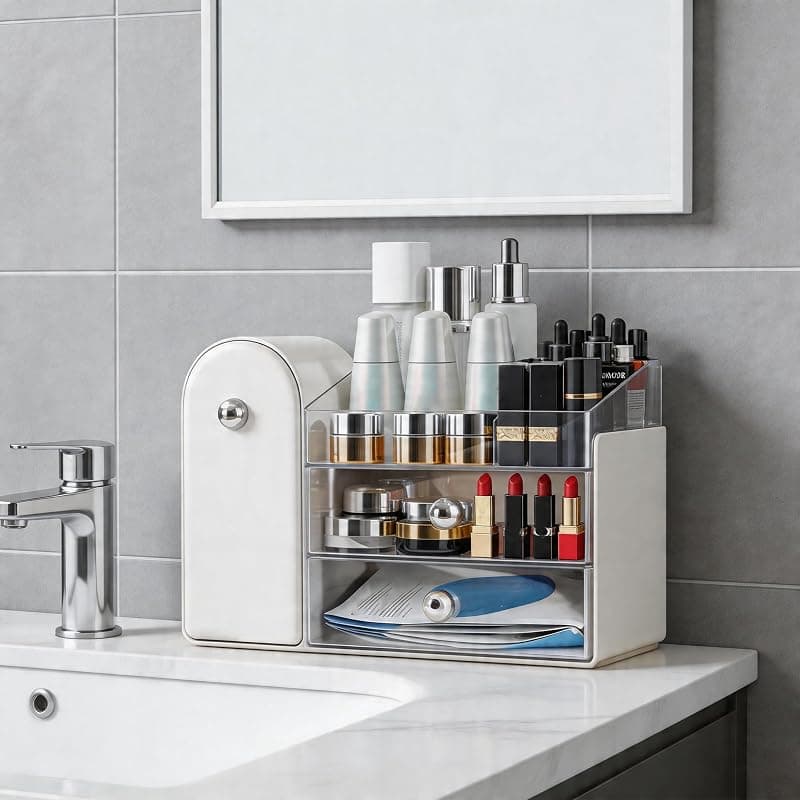 Luckywang White Makeup Organizer with Integrated Makeup Brush Holder and Two Spacious Storage Drawers for Cosmetics and Vanity Organization — 4 of 5