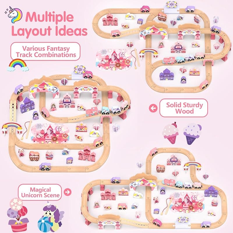 Electric Wooden Train Set Unicorn 105-Piece Deluxe Castle Playset for Kids Featuring Motorized Train Tracks and Magical Theme Design for Toddlers — 5 of 5