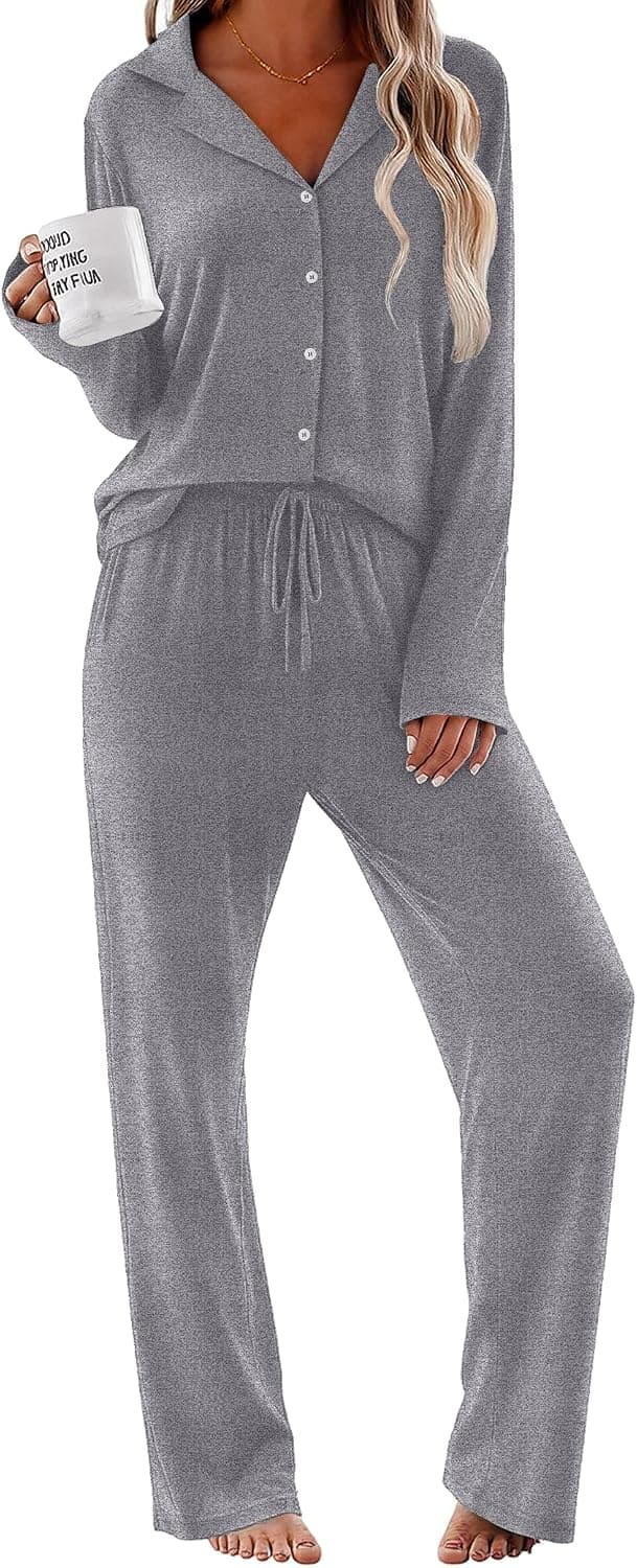 Ekouaer Pajamas for Women Set Button Up Pjs 2 Piece Long Sleeve Lounge Sets Featuring Soft Breathable Fabric Classic Notch Collar Pocket Detail — 1 of 5