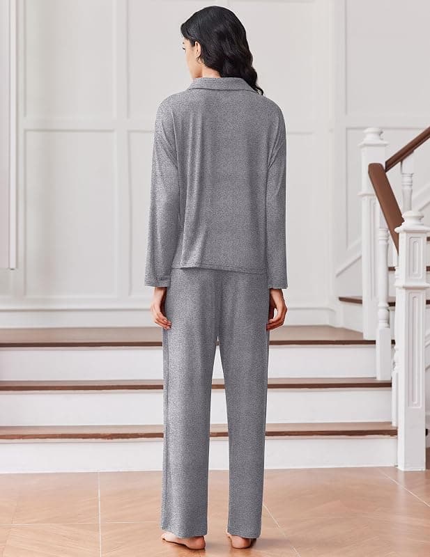 Ekouaer Pajamas for Women Set Button Up Pjs 2 Piece Long Sleeve Lounge Sets Featuring Soft Breathable Fabric Classic Notch Collar Pocket Detail — 2 of 5
