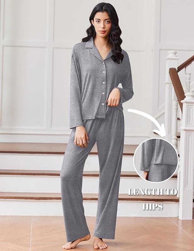 Ekouaer Pajamas for Women Set Button Up Pjs 2 Piece Long Sleeve Lounge Sets Featuring Soft Breathable Fabric Classic Notch Collar Pocket Detail — 4 of 5