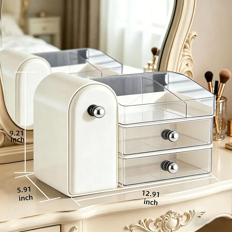 Luckywang White Makeup Organizer with Integrated Makeup Brush Holder and Two Spacious Storage Drawers for Cosmetics and Vanity Organization — 5 of 5
