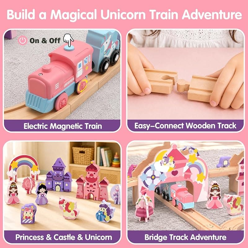 Electric Wooden Train Set Unicorn 105-Piece Deluxe Castle Playset for Kids Featuring Motorized Train Tracks and Magical Theme Design for Toddlers — 2 of 5