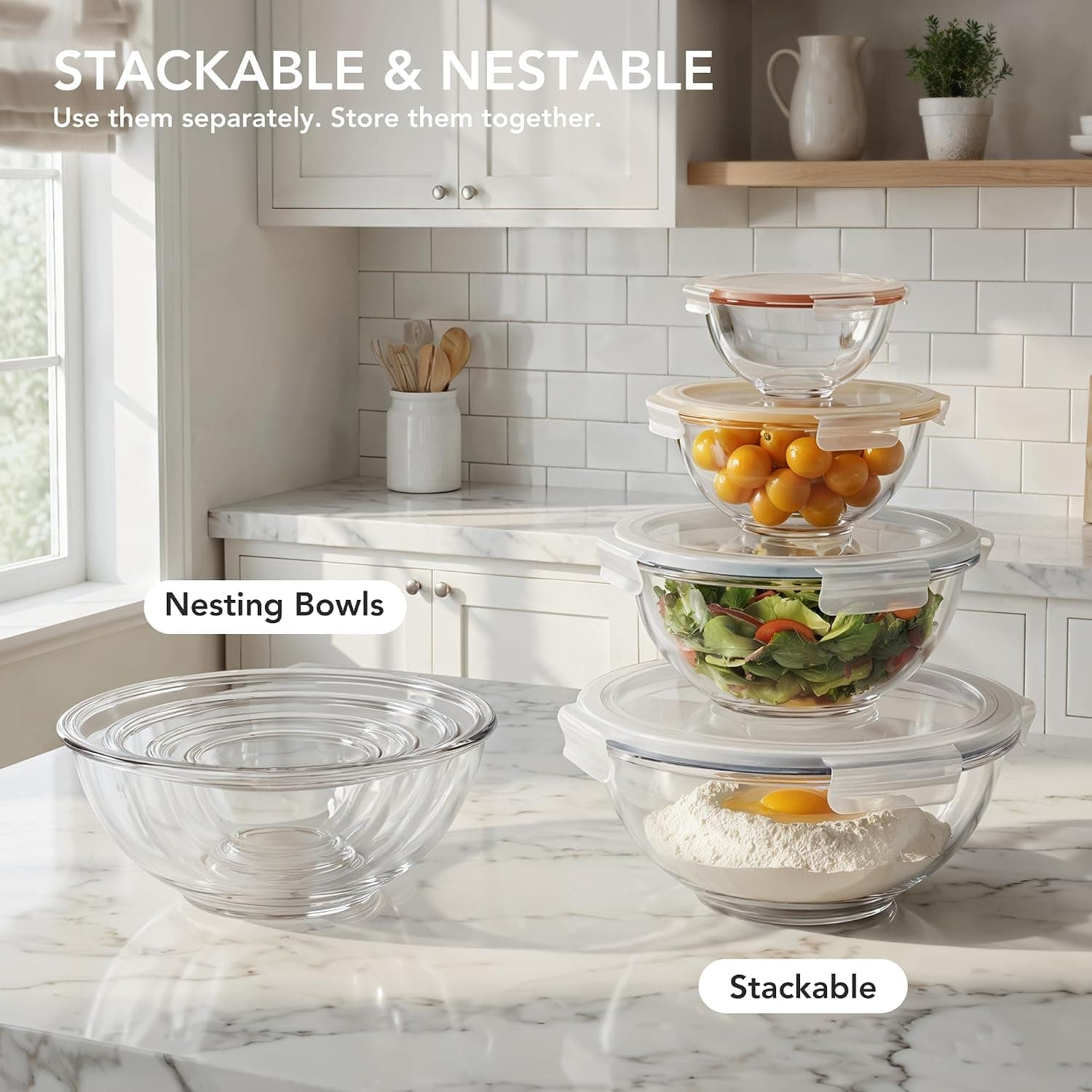 Nesting Glass Mixing Bowl Set with Airtight Lids 4-Piece Kitchen Prep and Food Storage Collection featuring Durable Construction and Clear Design — 3 of 5