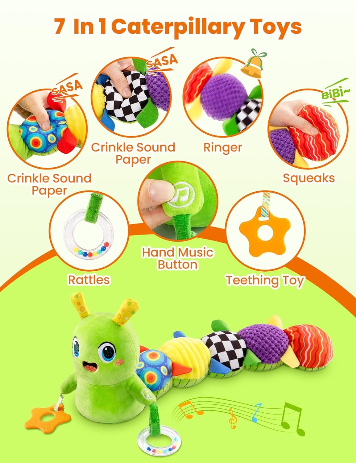 Baby Sensory Caterpillar Plush Activity Toy Featuring Multiple Textures, Crinkle Sounds, Vibrant Colors, and a Built-In Teether for Early Development — 5 of 5