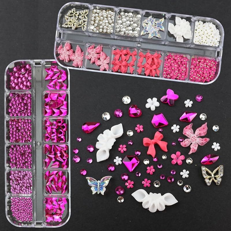SEMATA Flower Bow Nail Art Charms with Rose Red Rhinestones Various Shapes Heart Oval Crystals Mixed Sizes for Women DIY Manicure Decoration — 2 of 5
