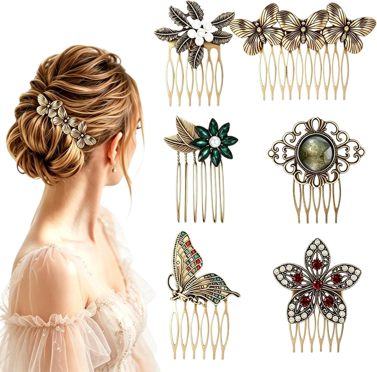 Vintage Gold Hair Side Combs 6-Piece Set with Butterfly, Flower, Leaf, Pearl, and Rhinestone Details for French Twist Bridal Wedding Party Styles — 1 of 5